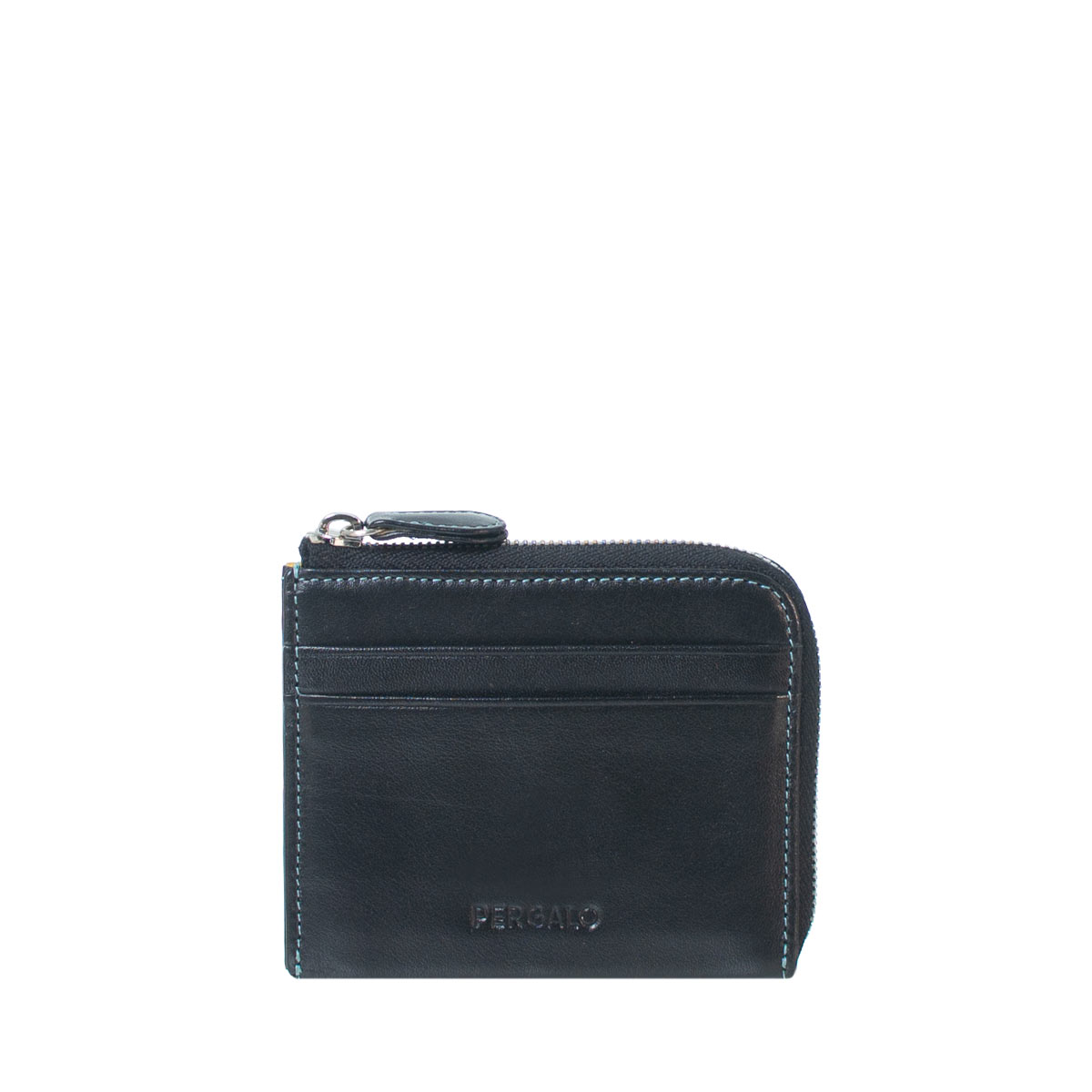 Pergalo Compact Leather Zip Around Card Holder - BLACK
