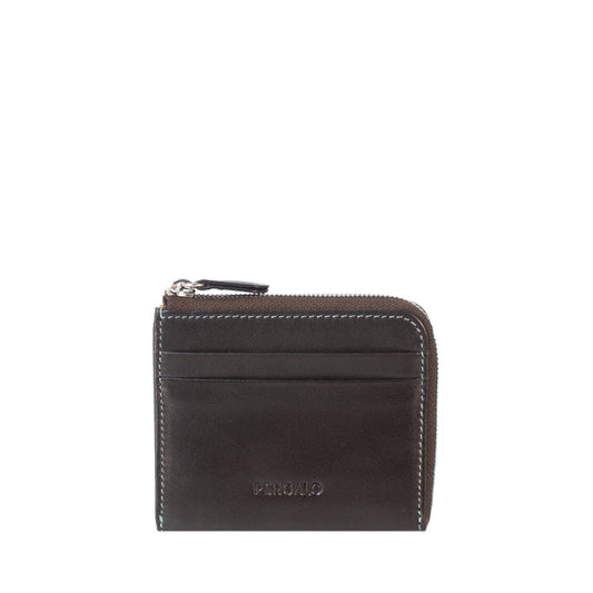 Pergalo Compact Leather Zip Around Card Holder - BROWN